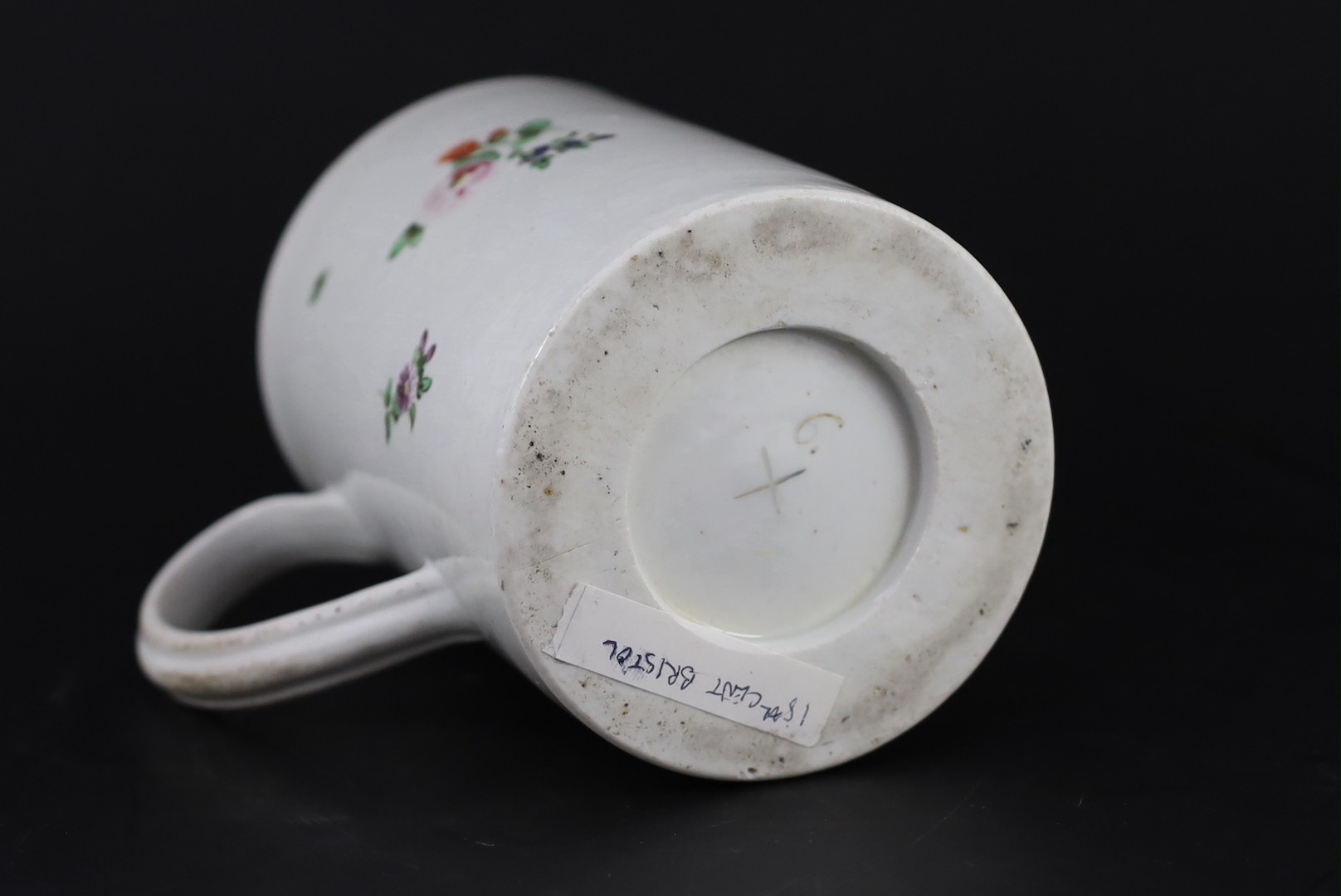 A large Bristol porcelain mug, c.1770-5, 14cm high